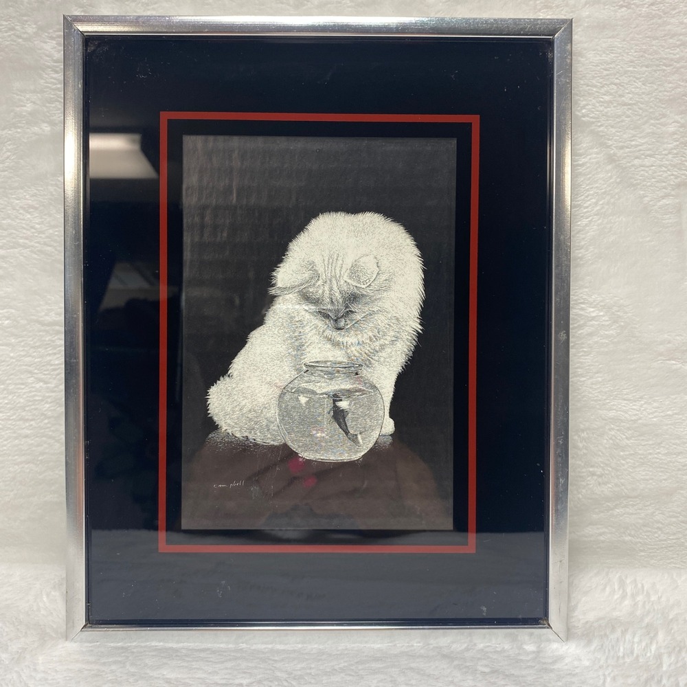 Vintage Cat and Fishbowl Etching Framed Art Print 1979‎ Campbell Home Decor